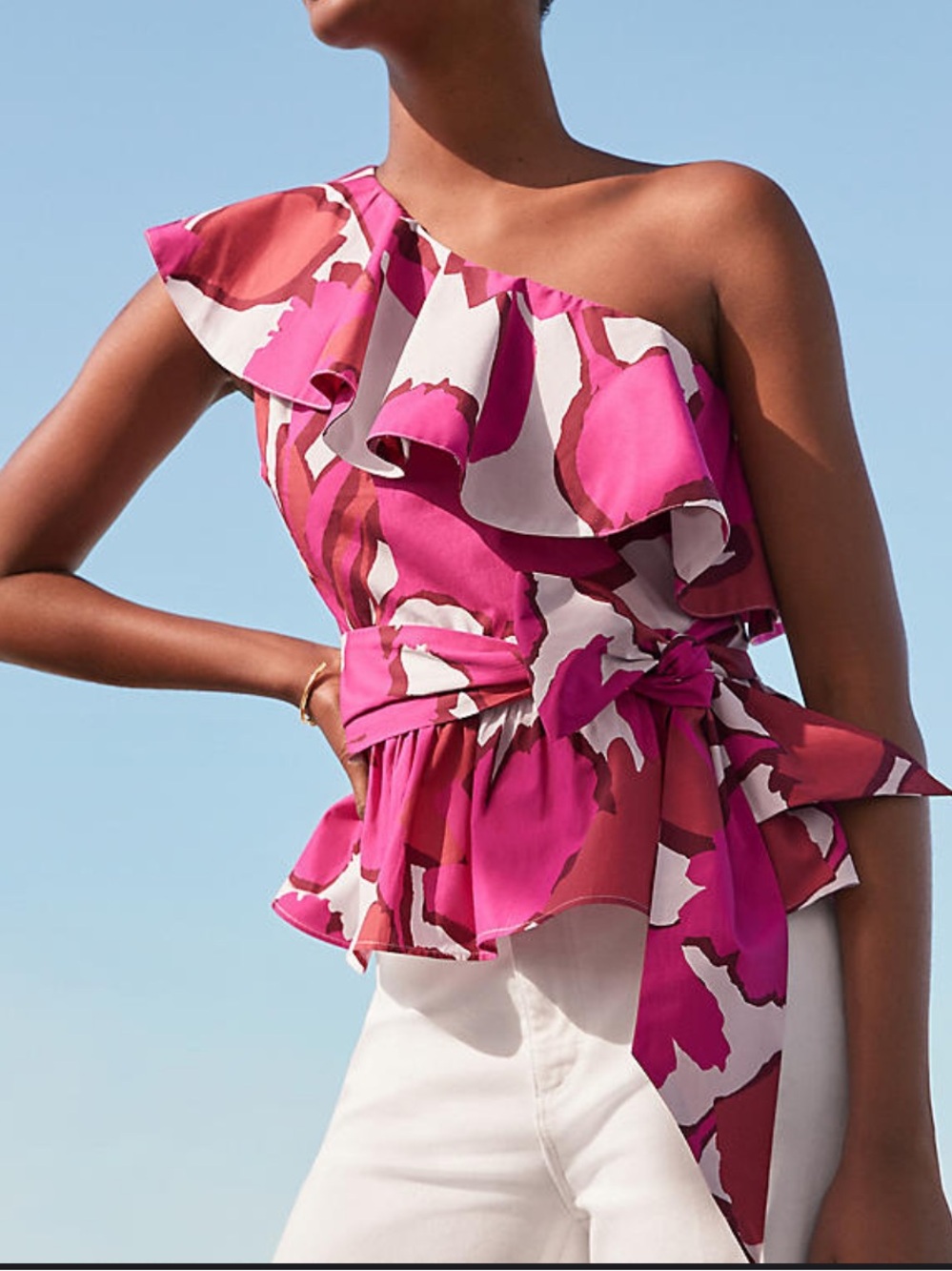 Ann Taylor One Shoulder Floral Ruffle Peplum Top Fuchsia White Women Medium M